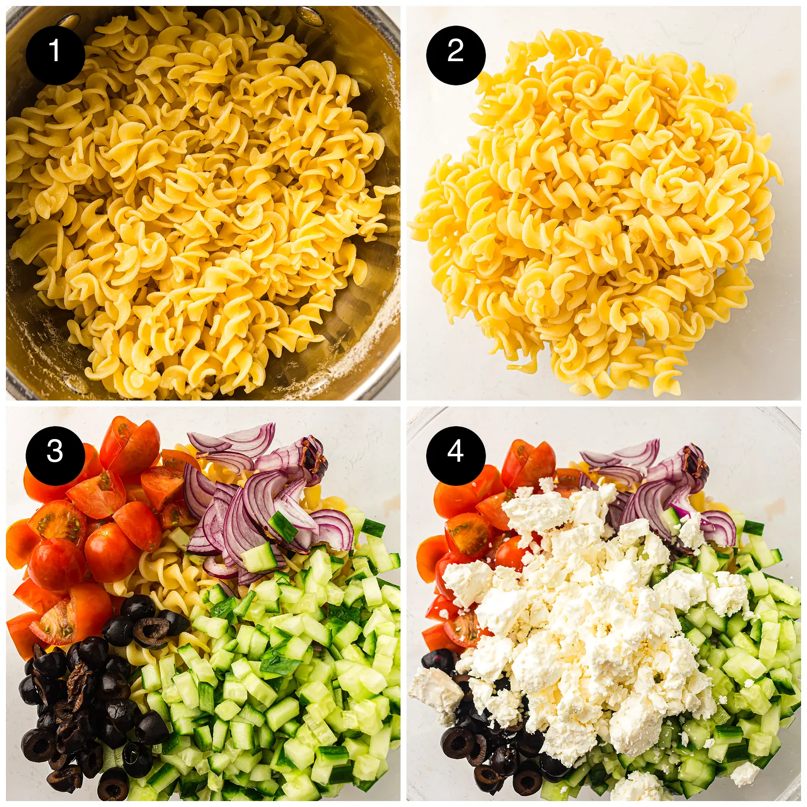 Four step photos: rotini in the pot, drained spirals cooling, tomatoes, onion, olives and cucumber added, then crumbled feta on top