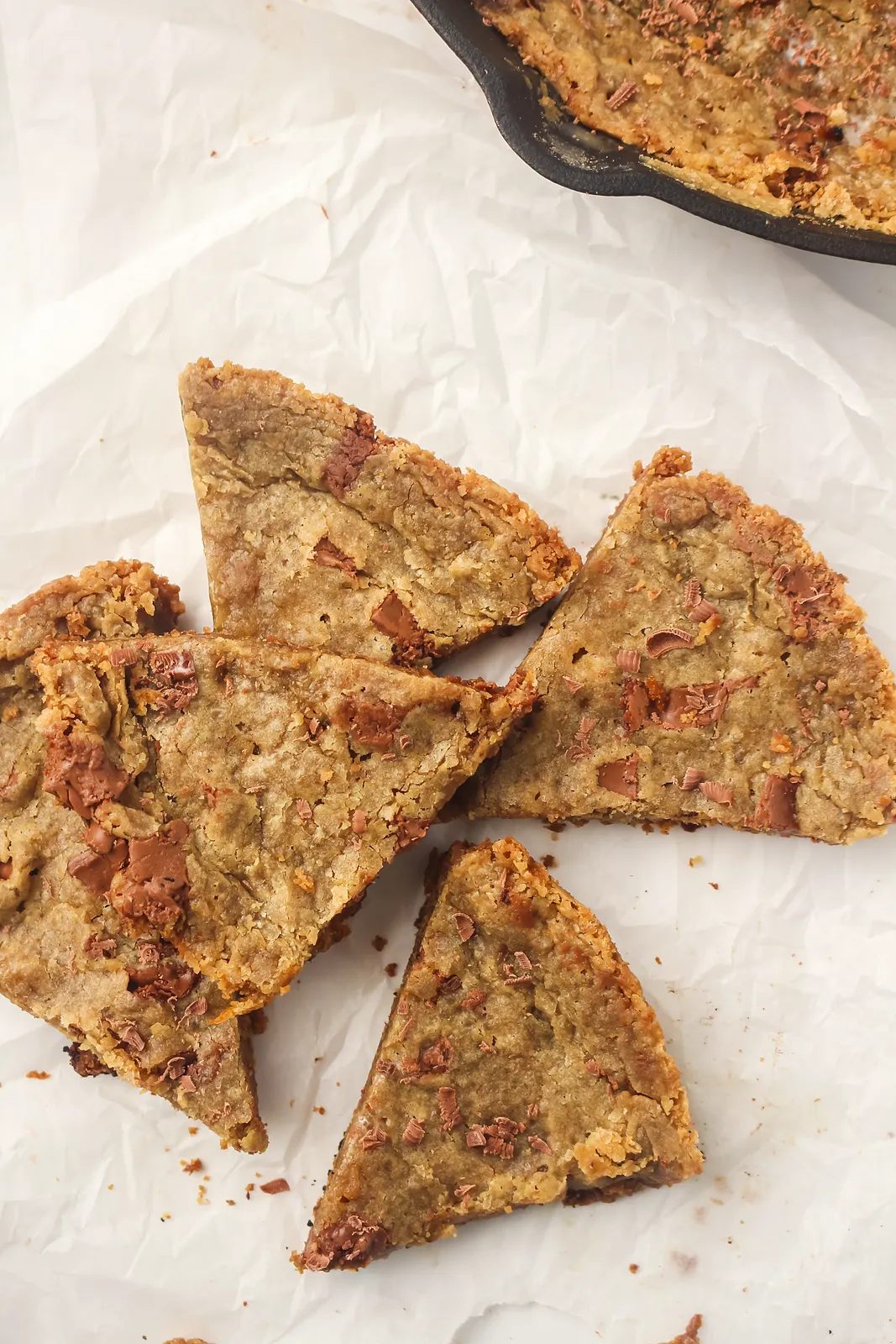 Golden chocolate chunk wedges fanned out on crinkled baking paper