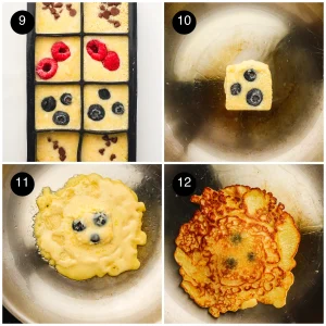 Four step photos: the tray frozen solid, one block in a pan, melting into a round and turned golden brown
