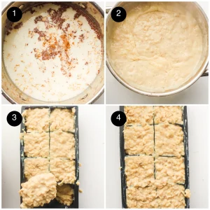 Four step photos: oats, milk and cinnamon in a pan, cooked thick, then spooned into a silicone tray
