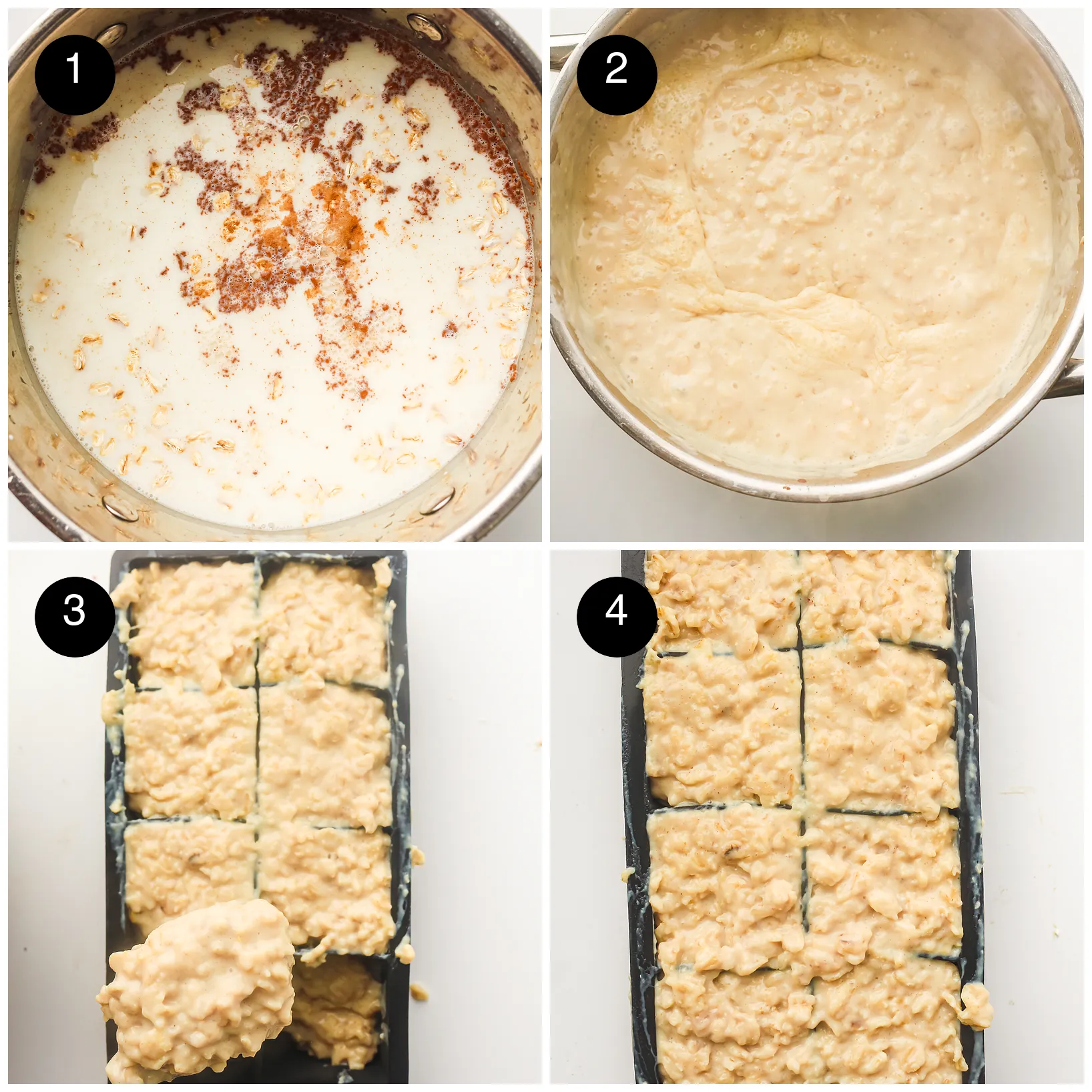 Four step photos: oats, milk and cinnamon in a pan, cooked thick, then spooned into a silicone tray