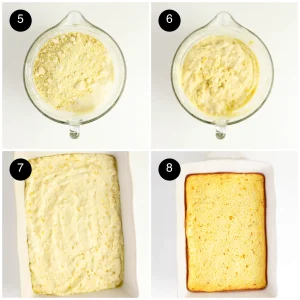 Four step photos: cornbread mix tipped onto the batter, the thick batter stirred, spread in a white dish, then baked golden