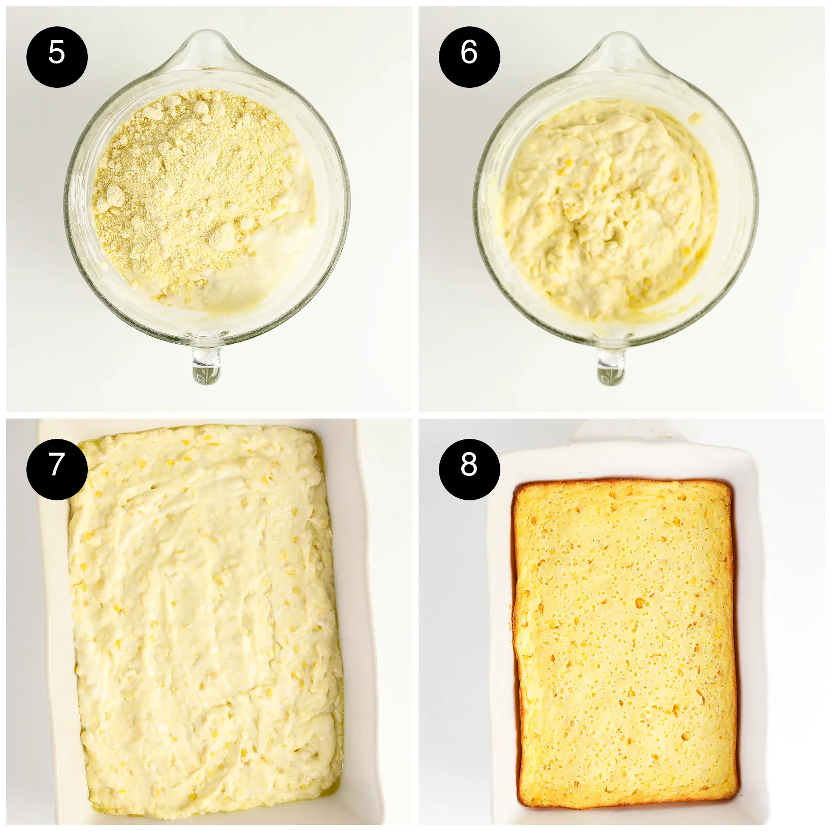 Four step photos: cornbread mix tipped onto the batter, the thick batter stirred, spread in a white dish, then baked golden