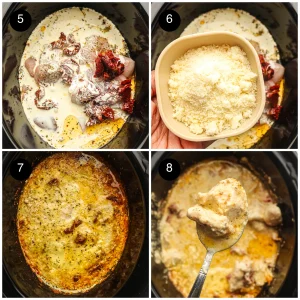Four step photos: cream poured in, grated Parmesan added, the golden top after cooking, then a piece lifted out on a spoon