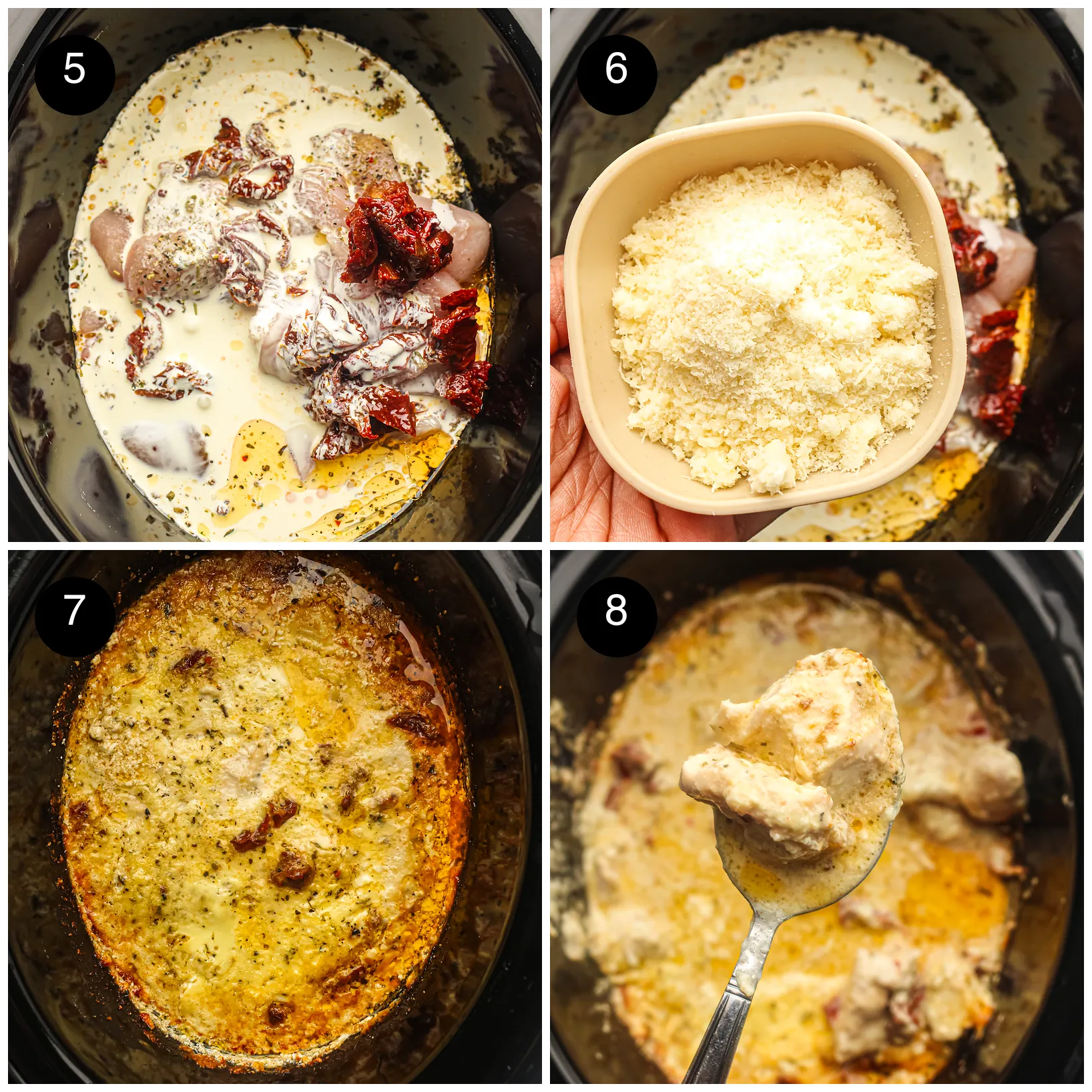 Four step photos: cream poured in, grated Parmesan added, the golden top after cooking, then a piece lifted out on a spoon