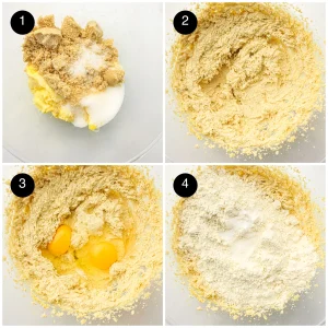 Four step photos: butter with brown and white sugar, creamed until fluffy, eggs added and flour on top
