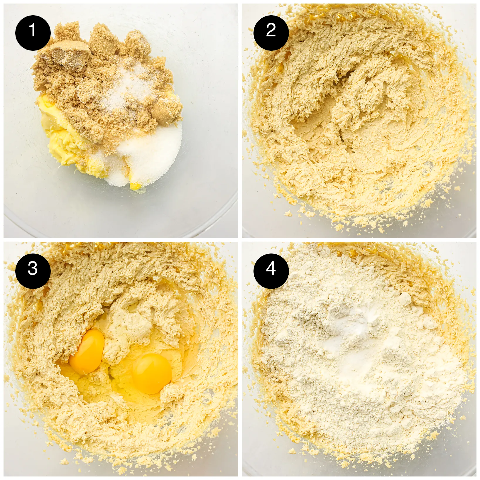 Four step photos: butter with brown and white sugar, creamed until fluffy, eggs added and flour on top