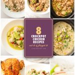 Crockpot chicken recipes pin with pulled chicken, teriyaki, green curry, white chili, a whole roast bird and golden stock