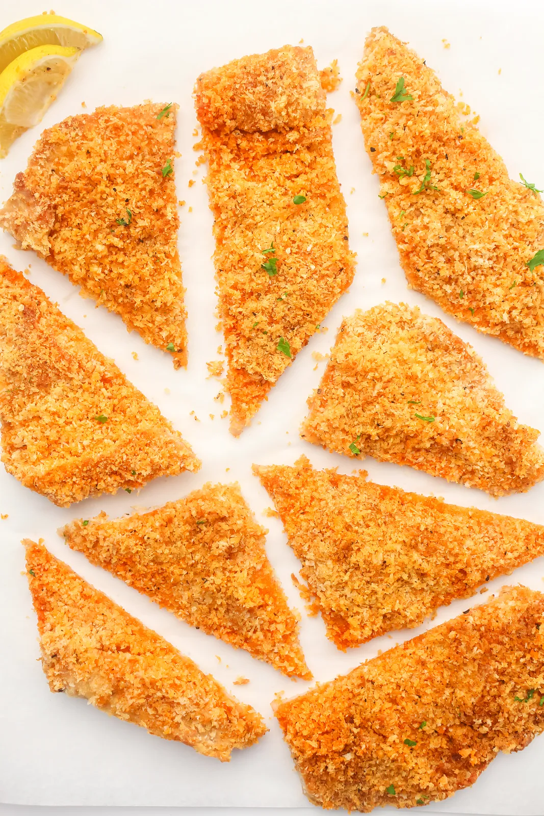 The big crumbed sheet cut into long triangles for sharing
