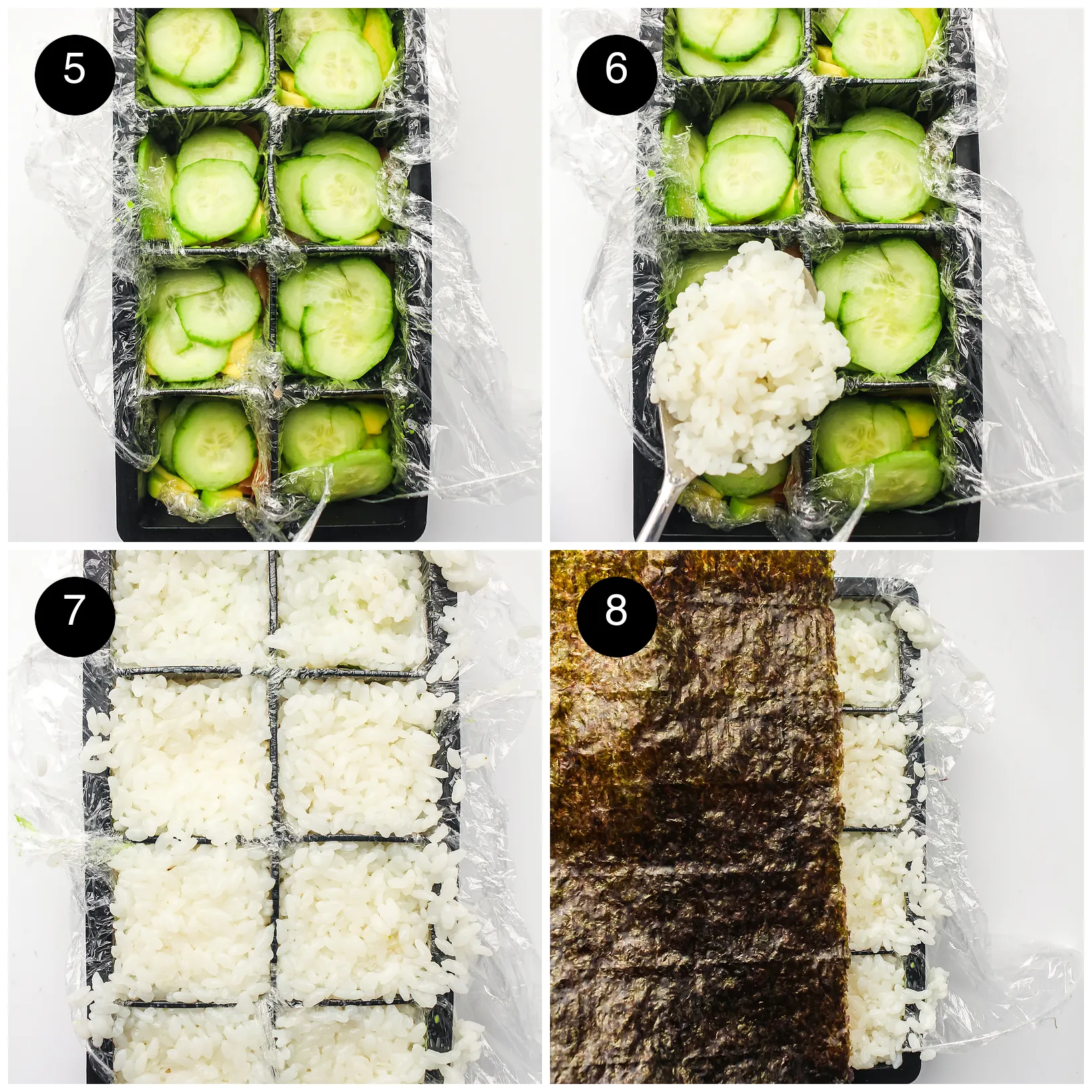 Four step photos: cucumber rounds layered in, rice spooned over, rice pressed flat and a sheet of nori laid on top