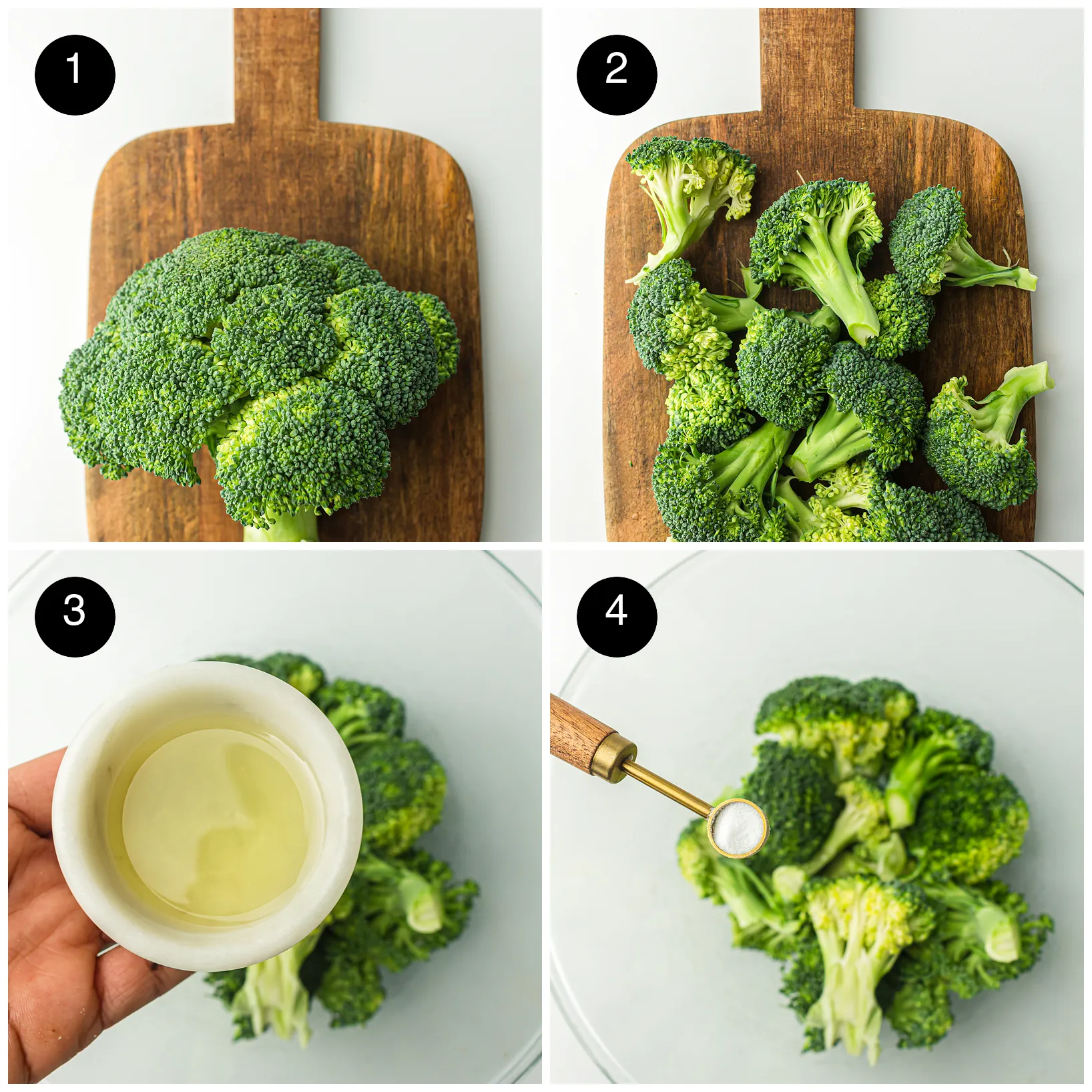 A whole green head on a wooden board, cut into florets, then oil and salt added in a glass bowl