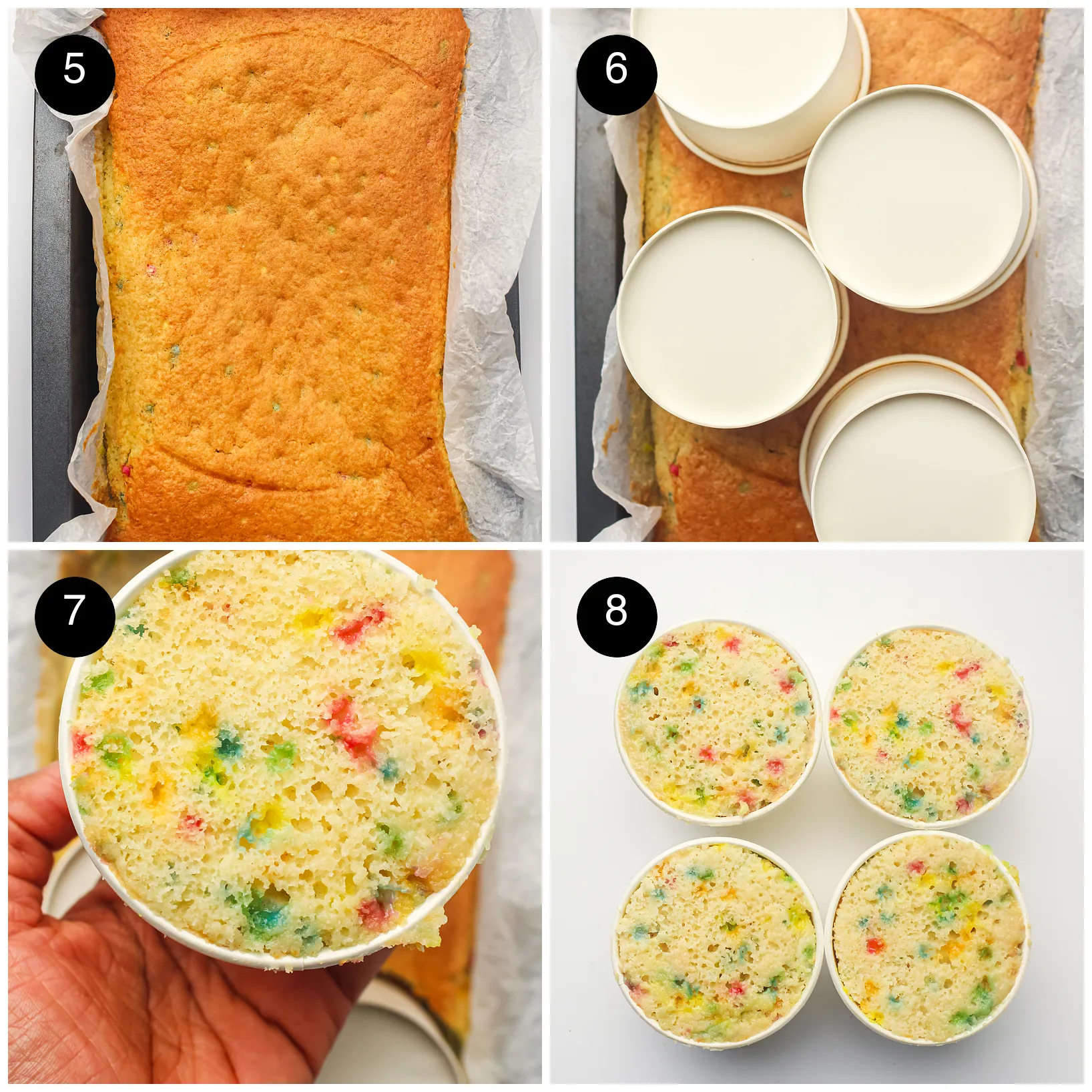 Four step photos: the baked sheet, paper cups pressed in, a round lifted out inside a cup and four filled cups