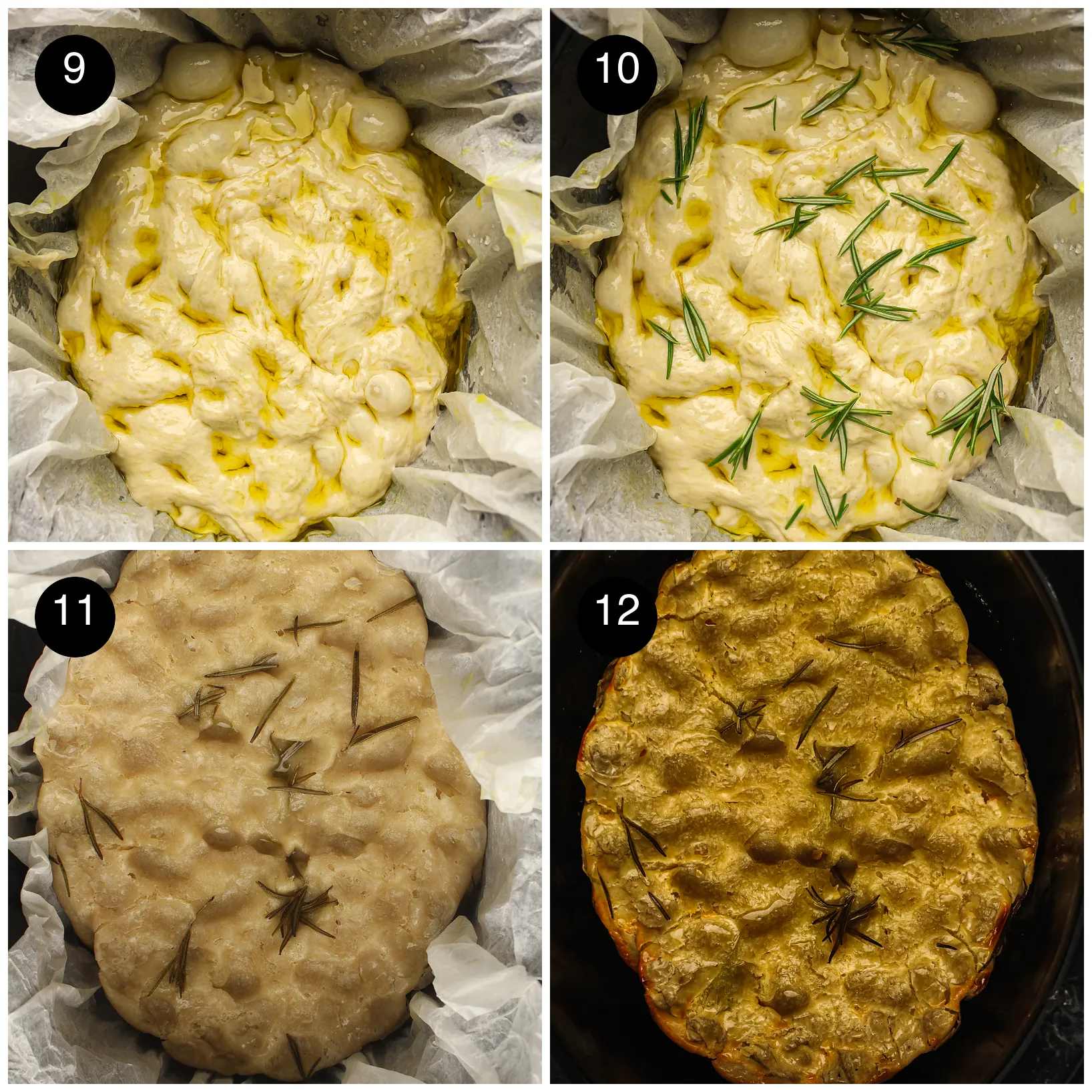 Four step photos: oiled dimpled dough, rosemary scattered over, the cooked pale loaf and the golden grilled top