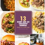 Dump and go crockpot meals pin with tater tot casserole, green curry, shredded pork and beef with broccoli