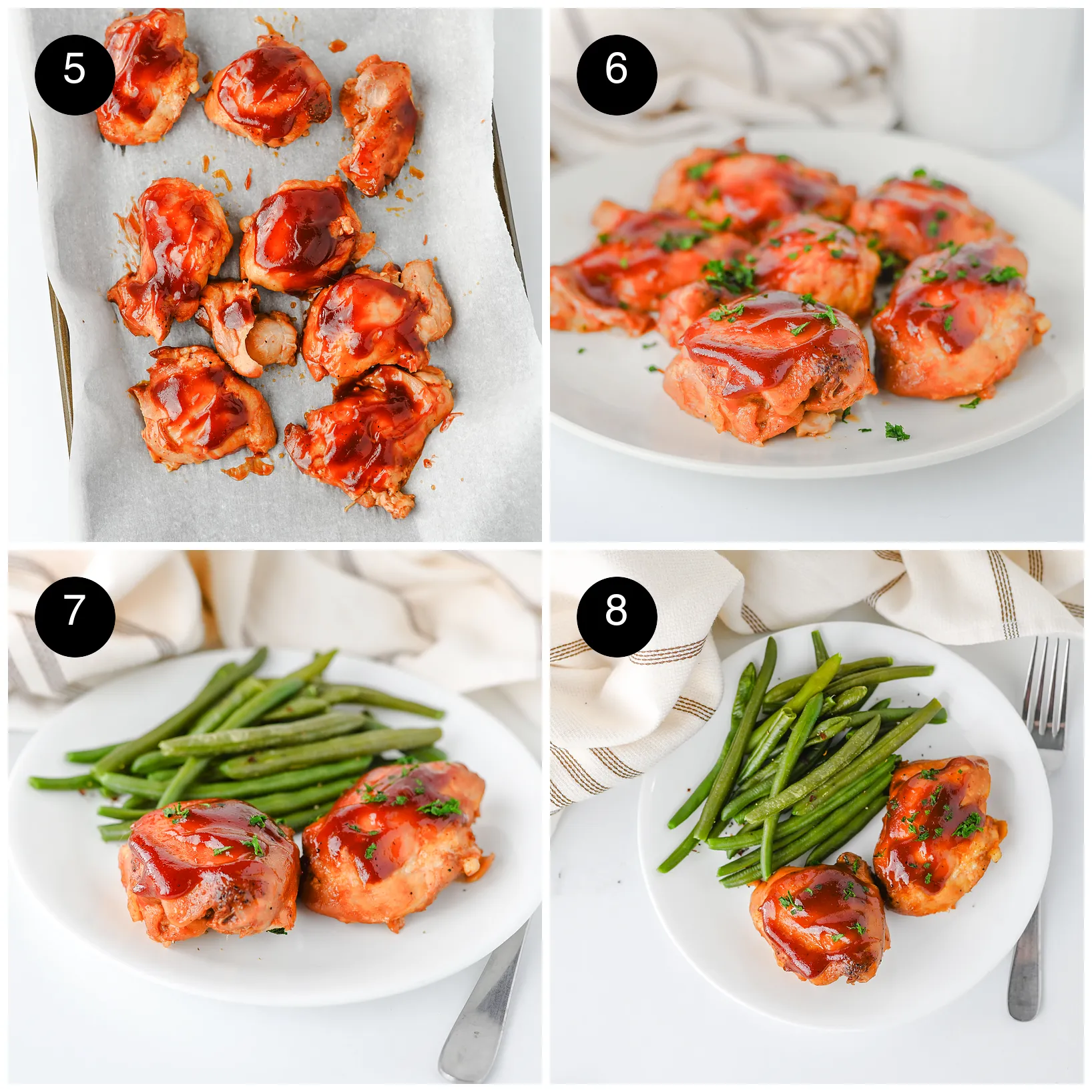 Four step photos: cooked pieces brushed with extra sauce on a lined tray, a plated pile with parsley, then served with green beans and a forkful