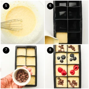 Four step photos: smooth batter, pouring it into a black silicone tray, a bowl of chocolate chips and toppings added
