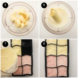 Four step photos: banana and oat milk in the jug, a creamy blend poured into the tray beside the pink one