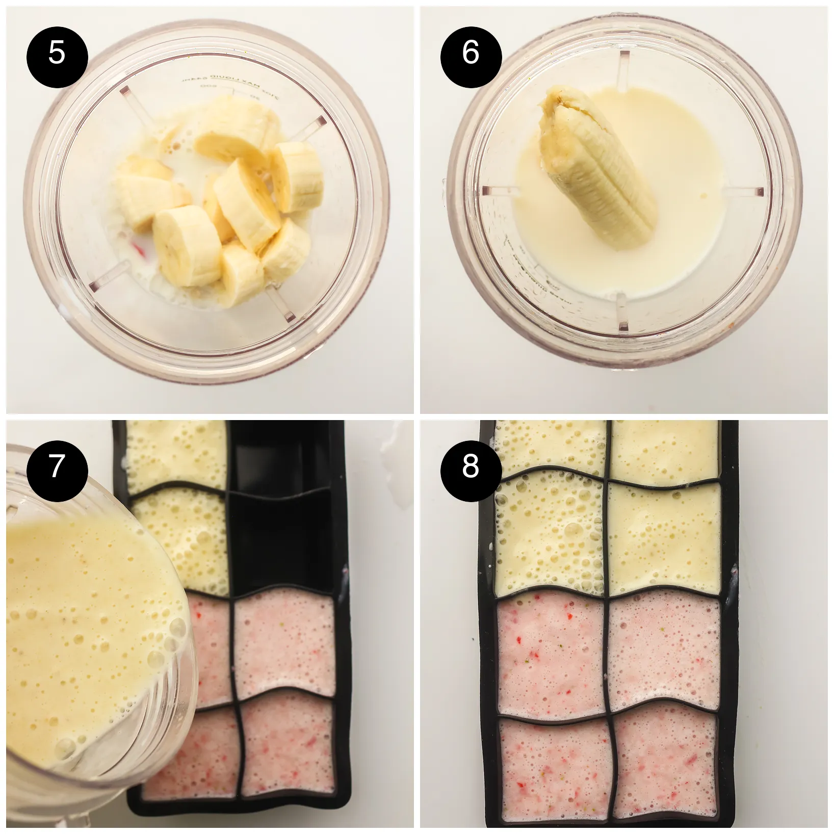 Four step photos: banana and oat milk in the jug, a creamy blend poured into the tray beside the pink one