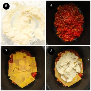 Four step photos: the ricotta, egg and Parmesan mix, sauce spread in the slow cooker, pasta sheets laid on, then ricotta spread over