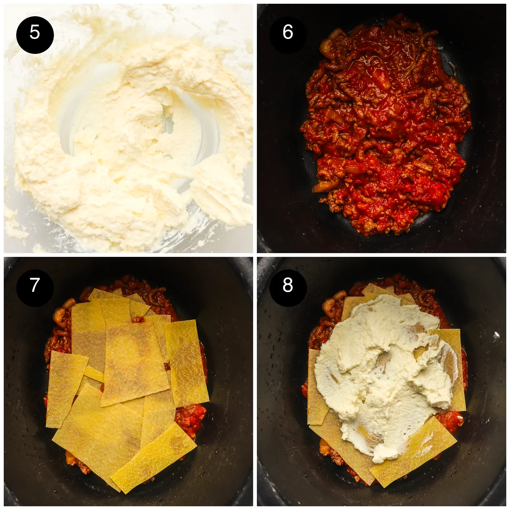 Four step photos: the ricotta, egg and Parmesan mix, sauce spread in the slow cooker, pasta sheets laid on, then ricotta spread over