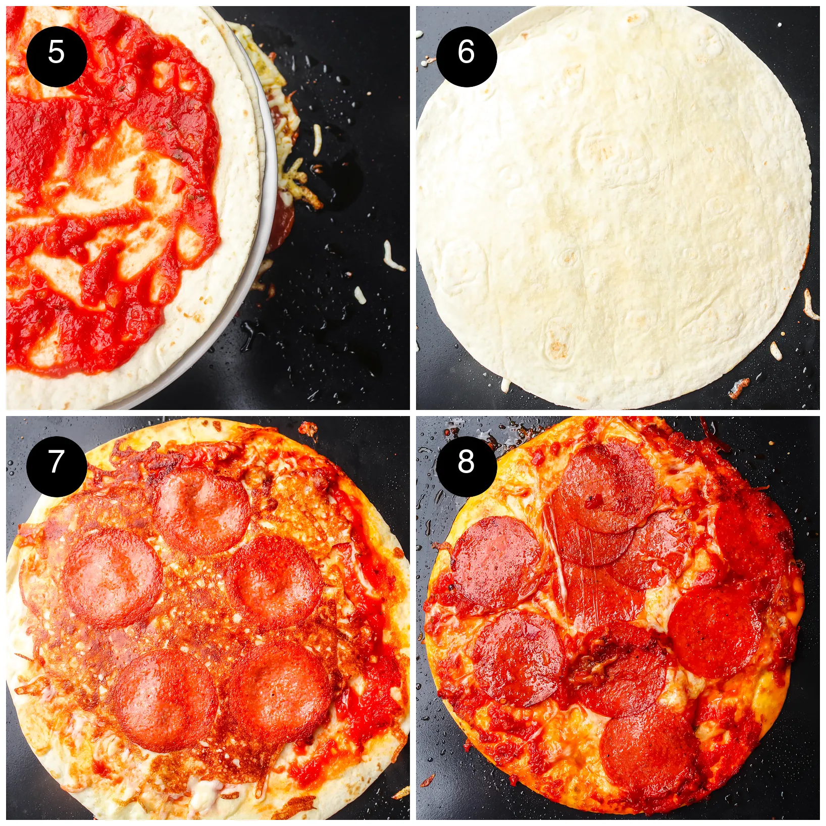 Four step photos: the sauced wrap placed over the cheese, the plain side up, then flipped to show crispy pepperoni and melted cheese
