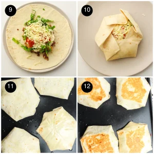 Four step photos: lettuce, tomato and cheddar piled on top, the tortilla folded into a hexagon, parcels placed seam down on the flat top and turned golden