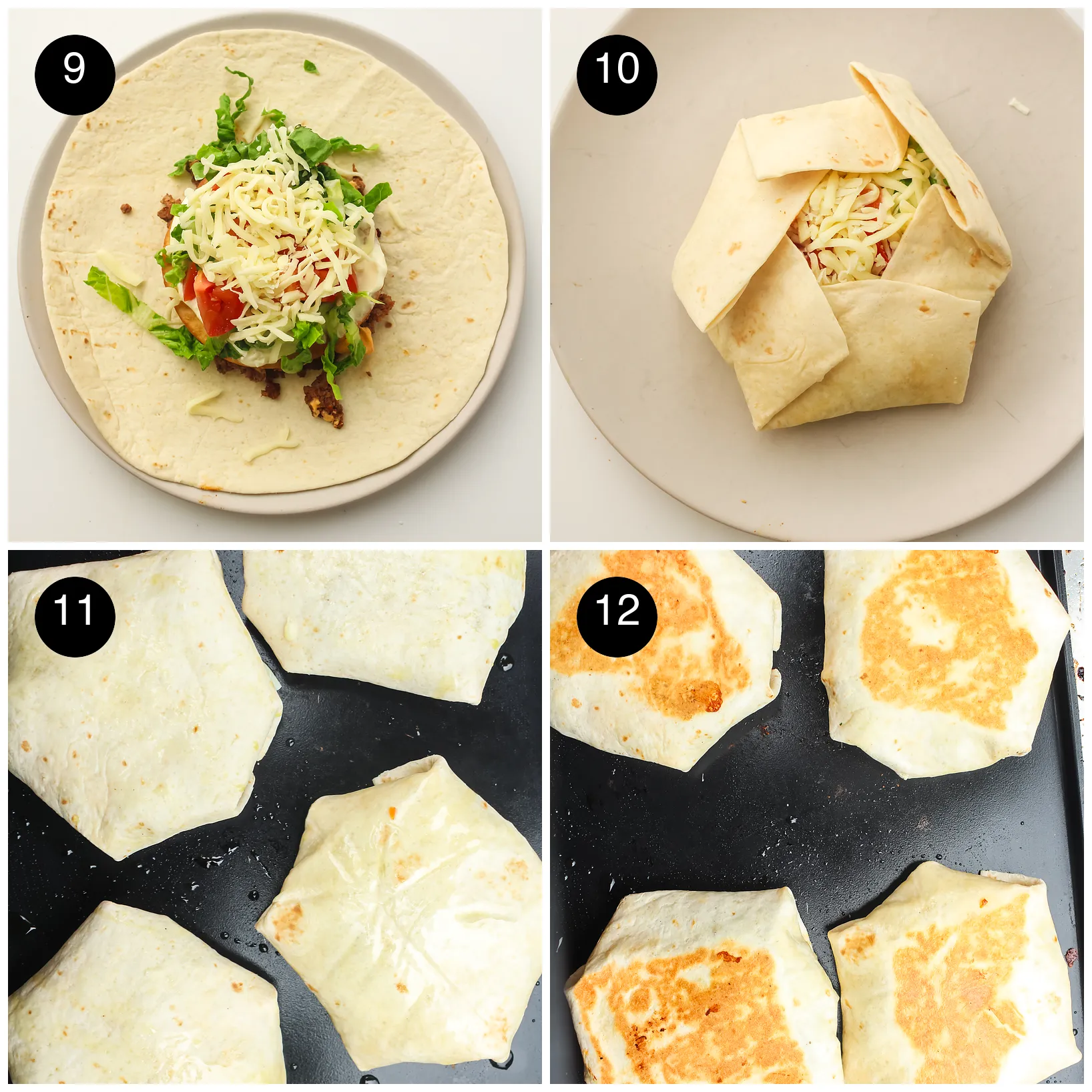 Four step photos: lettuce, tomato and cheddar piled on top, the tortilla folded into a hexagon, parcels placed seam down on the flat top and turned golden