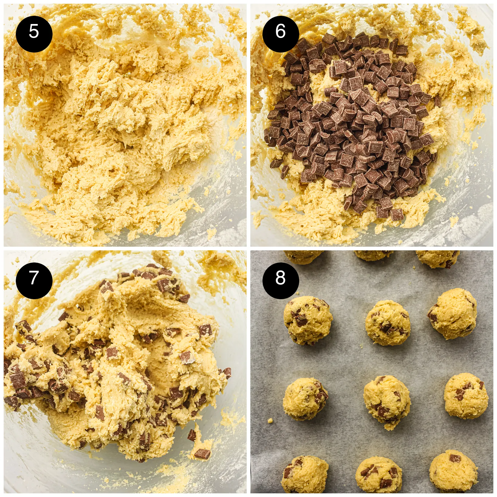 Four step photos: soft mixture, chocolate chunks added, folded through and scooped onto a lined tray