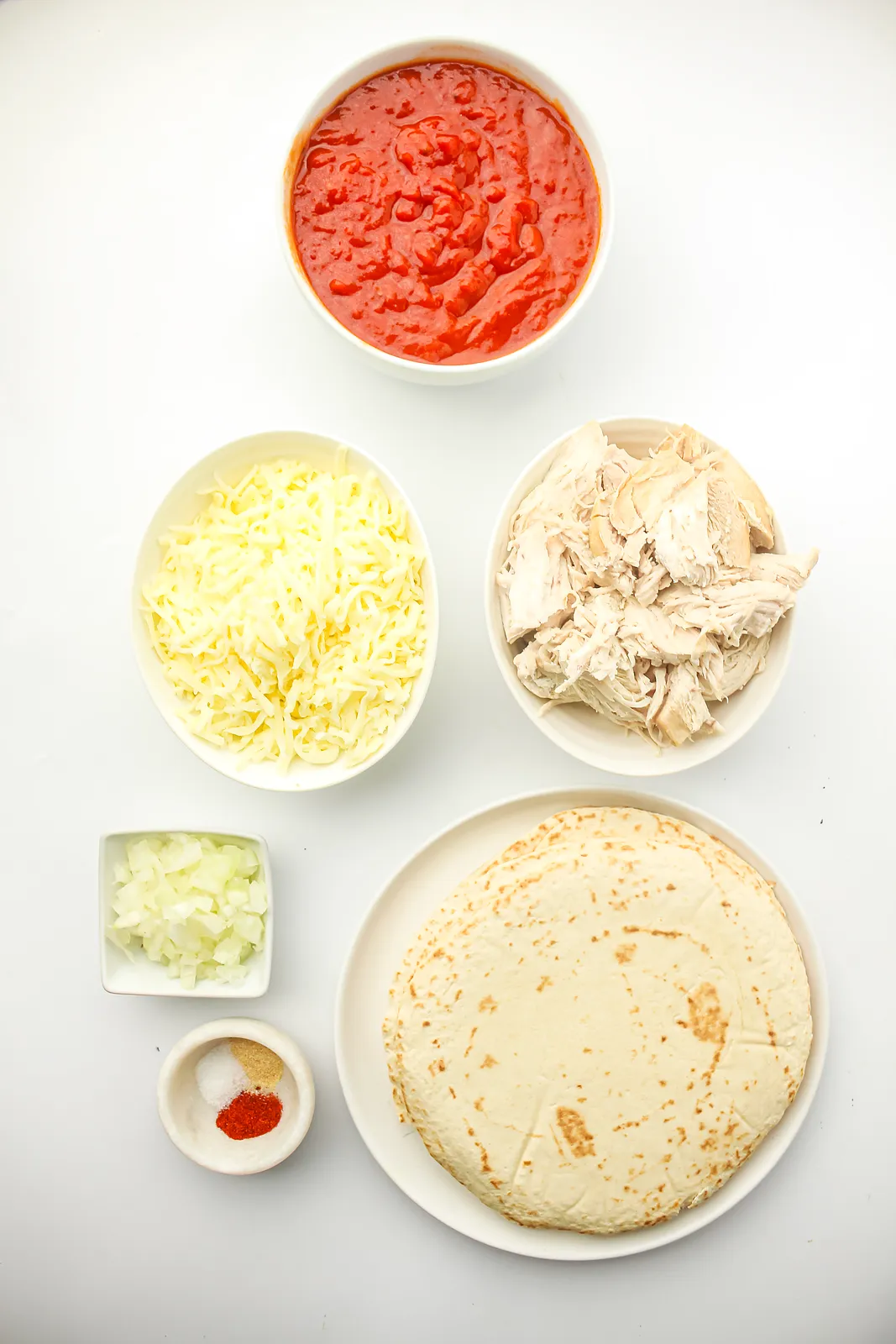 Ingredients for freezer enchiladas: flour tortillas, shredded chicken, red sauce, cheese, onion and spices