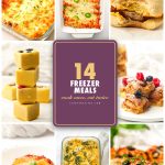 Freezer meals pin with lasagna, enchiladas, a breakfast sandwich, pancake cubes and pizza muffins