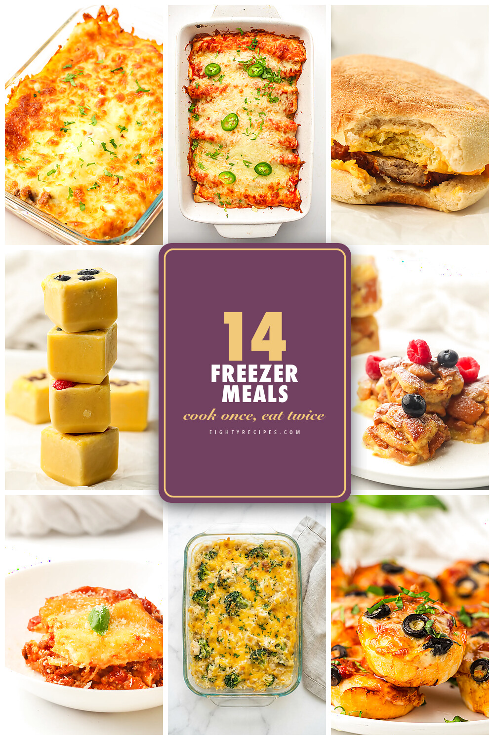 Freezer meals pin with lasagna, enchiladas, a breakfast sandwich, pancake cubes and pizza muffins