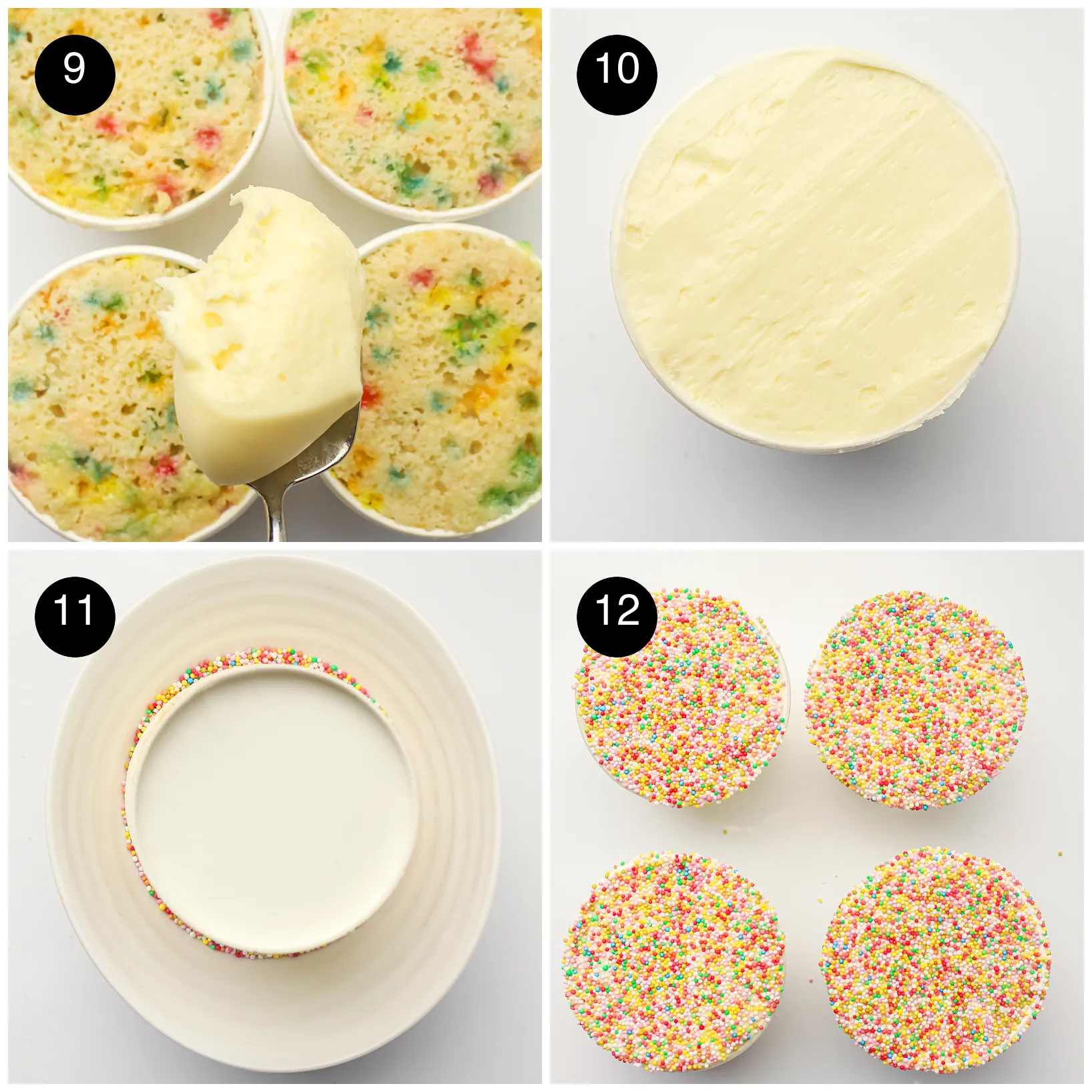 Four step photos: frosting spooned on, smoothed level, a cup dipped into sprinkles and four finished cups