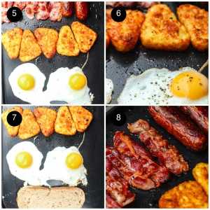 Four step photos: two eggs frying beside golden potato triangles, cracked pepper on a yolk, bread toasting on the flat top and crisp bacon with sausages