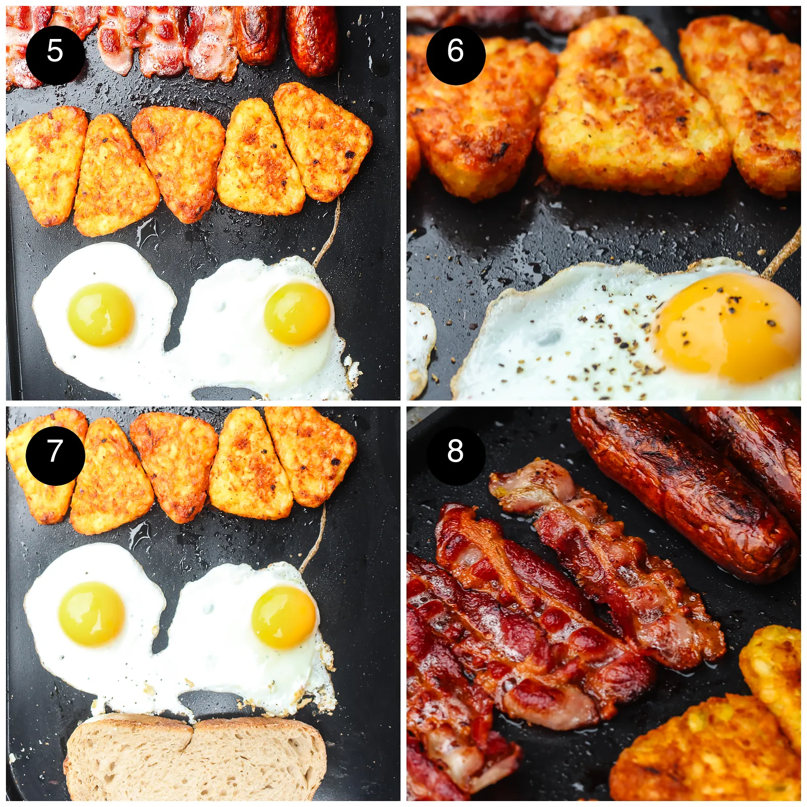 Four step photos: two eggs frying beside golden potato triangles, cracked pepper on a yolk, bread toasting on the flat top and crisp bacon with sausages