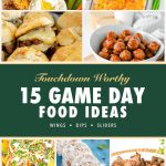 Game day food pin with chicken wings, crack chicken dip, cheesesteak sliders, meatballs, nachos, pinwheels and steak bites