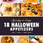 Pinterest graphic for 18 Halloween appetizers with mini corn dogs, chicken dip, pull apart bread, pizza muffins, wings and chilaquiles cups