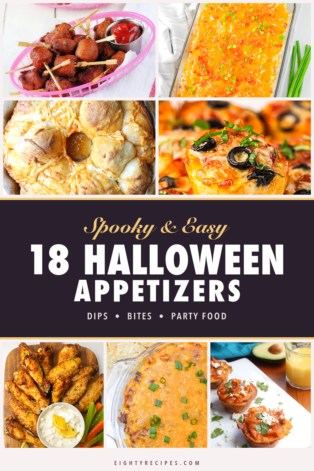 Pinterest graphic for 18 Halloween appetizers with mini corn dogs, chicken dip, pull apart bread, pizza muffins, wings and chilaquiles cups
