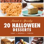 Pinterest graphic for 20 Halloween desserts with brownies, chocolate cake, haystacks, pumpkin cheesecake, candy bars and whoopie pies