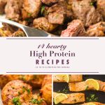 High protein recipes pin with seared steak bites, a paprika chicken breast and lemon salmon fillets