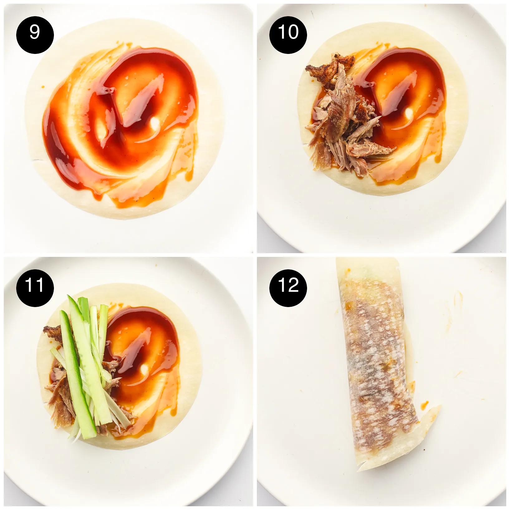 Hoisin swirled on a thin wrapper, topped with shredded meat and cucumber, then rolled up