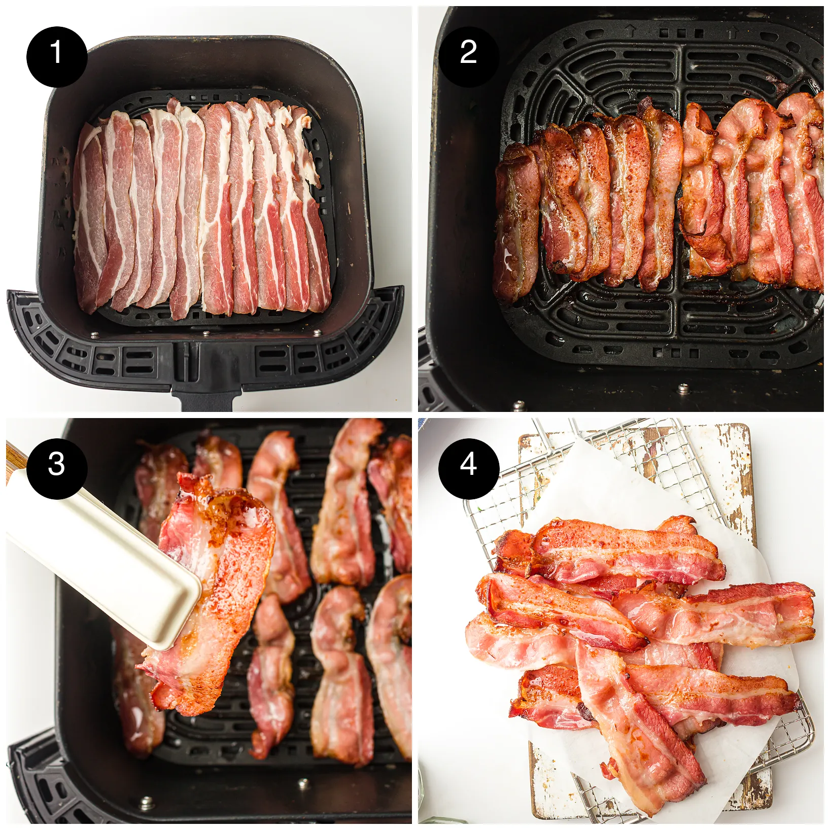 Four step photos: raw rashers in the basket, rashers browning, a rasher turned with tongs and the finished slices draining