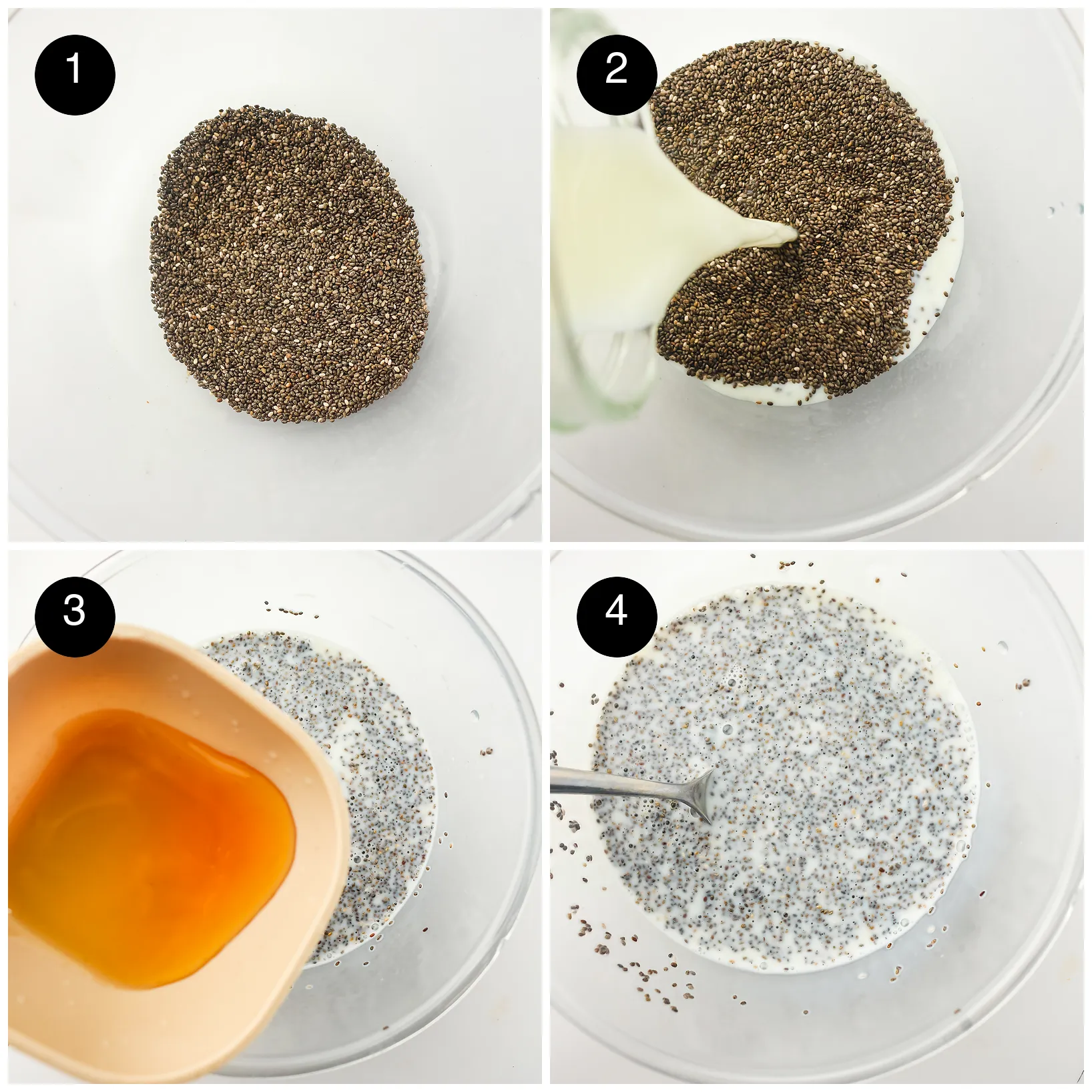 Four step photos: seeds in a glass bowl, milk poured in, honey added and everything stirred with a spoon