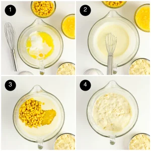 Four step photos: sour cream, butter and eggs in a bowl, whisked smooth, both kinds of sweetcorn added, then stirred together
