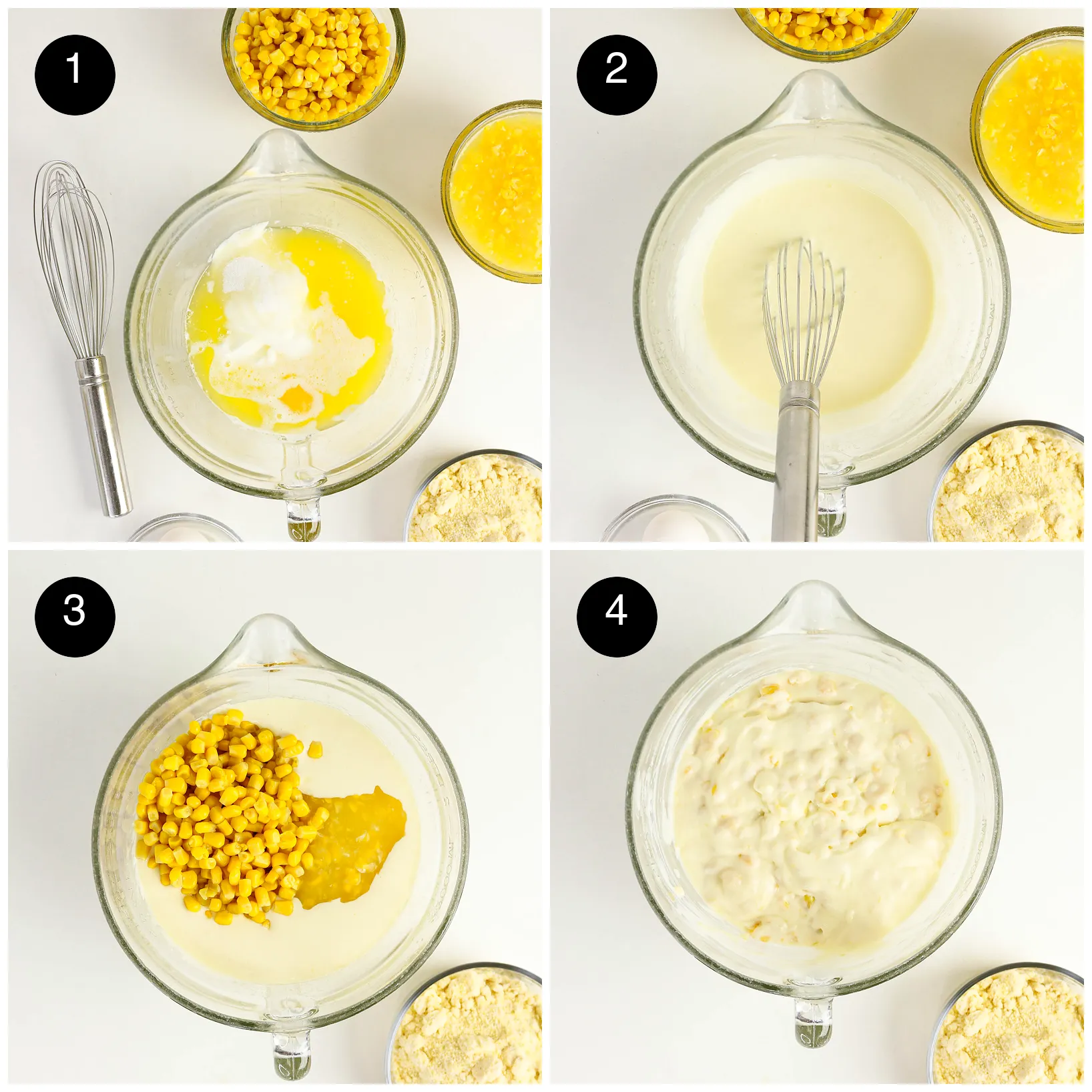 Four step photos: sour cream, butter and eggs in a bowl, whisked smooth, both kinds of sweetcorn added, then stirred together