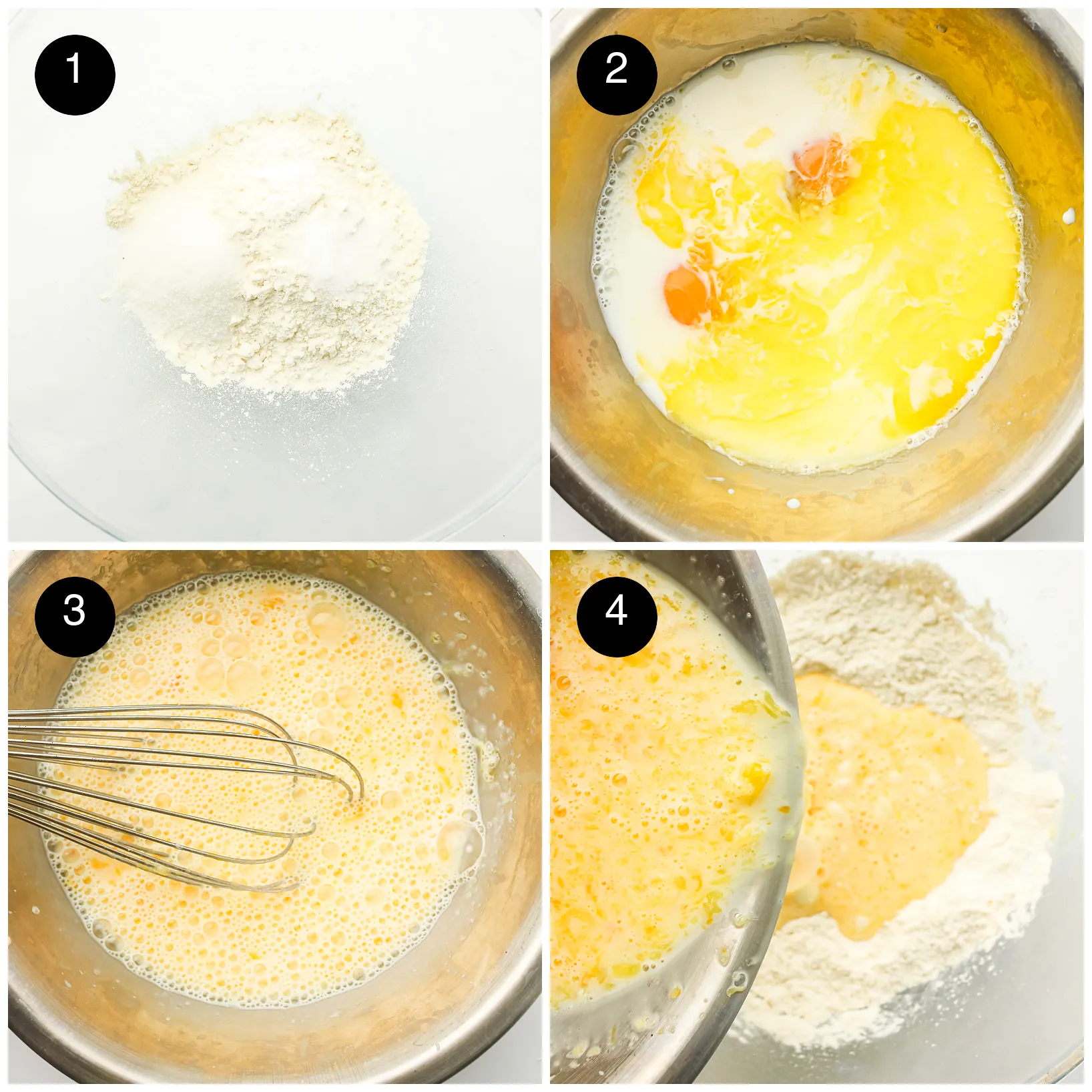Four step photos: dry ingredients in a bowl, milk with eggs and butter, whisking, then pouring the wet into the dry