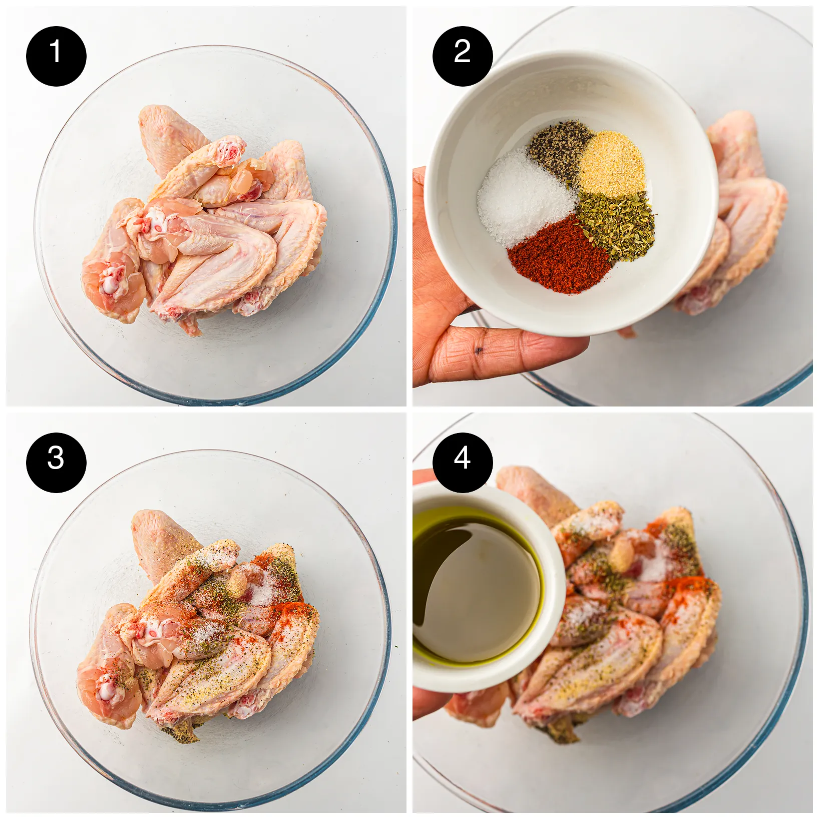 Four step photos: raw wings in a glass bowl, a bowl of spices, the spices sprinkled over and oil poured on