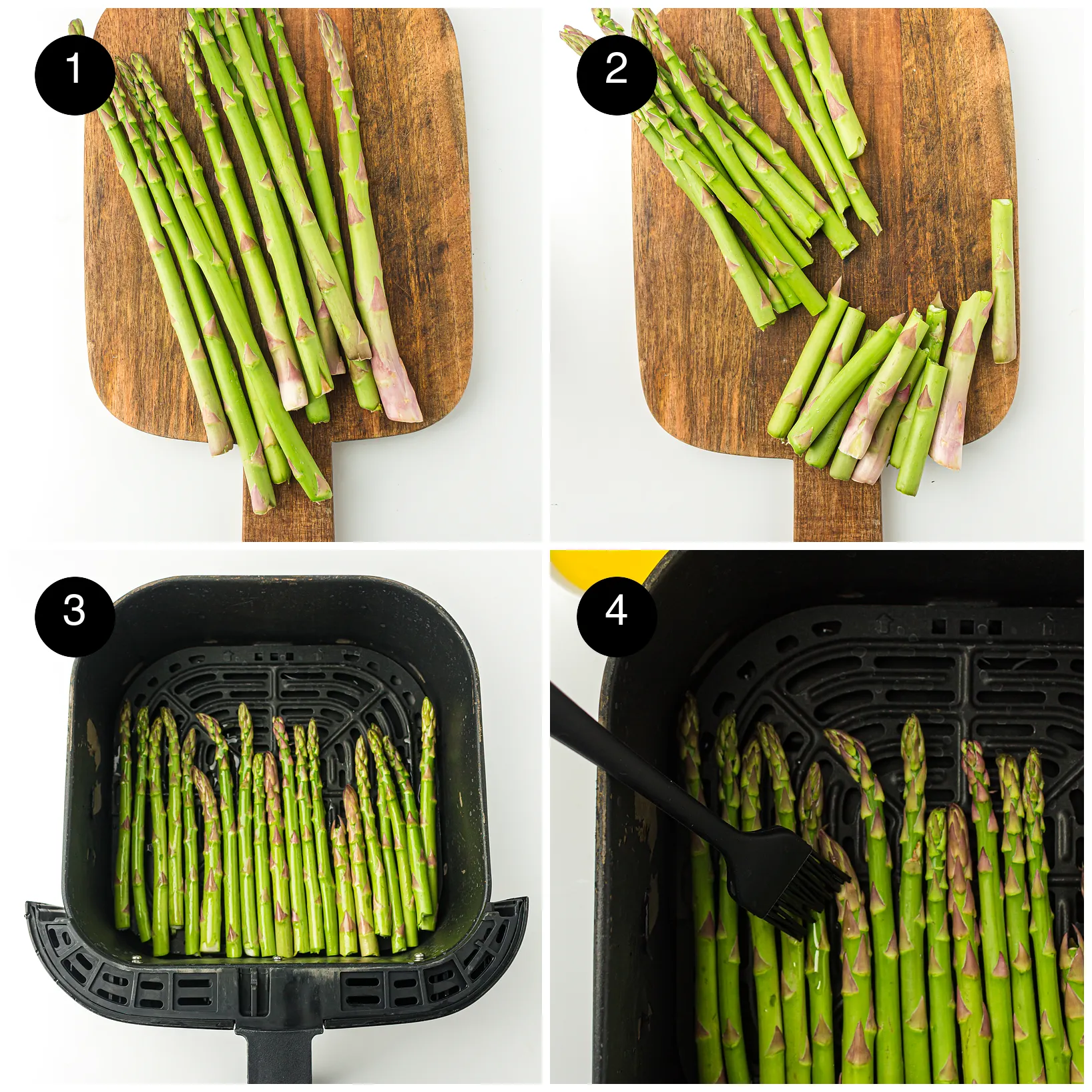 Four step photos: spears on a wooden board, the woody ends cut off, spears in the basket and brushed with oil