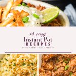 Instant Pot recipes pin with beef chili, macaroni cheese and shredded barbecue pork