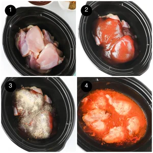 Four step photos: raw boneless pieces in a black crockpot, sauce poured over, seasonings sprinkled on, then the cooked meat in a red, saucy pool