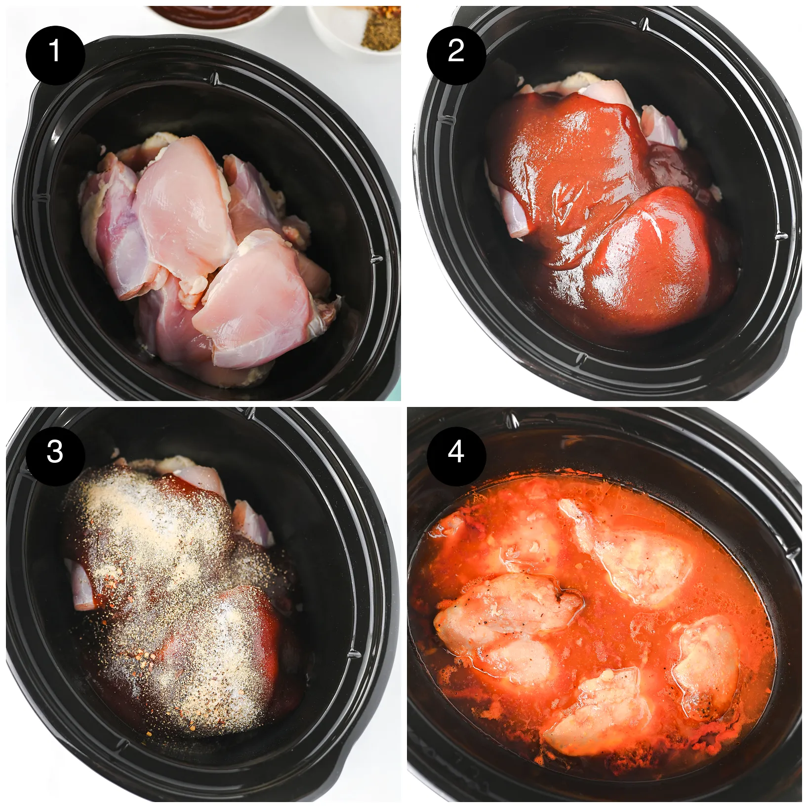 Four step photos: raw boneless pieces in a black crockpot, sauce poured over, seasonings sprinkled on, then the cooked meat in a red, saucy pool